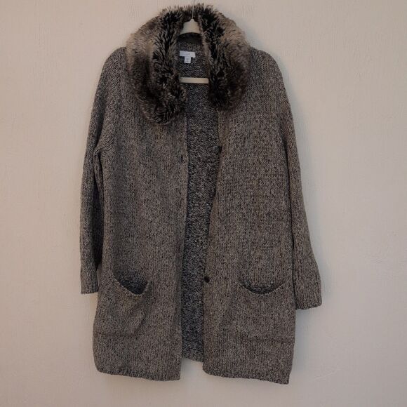 J. Jill Cardigan  1X Long Chunky Knit Marled Faux Fur Collar *missing button - Picture 1 of 8